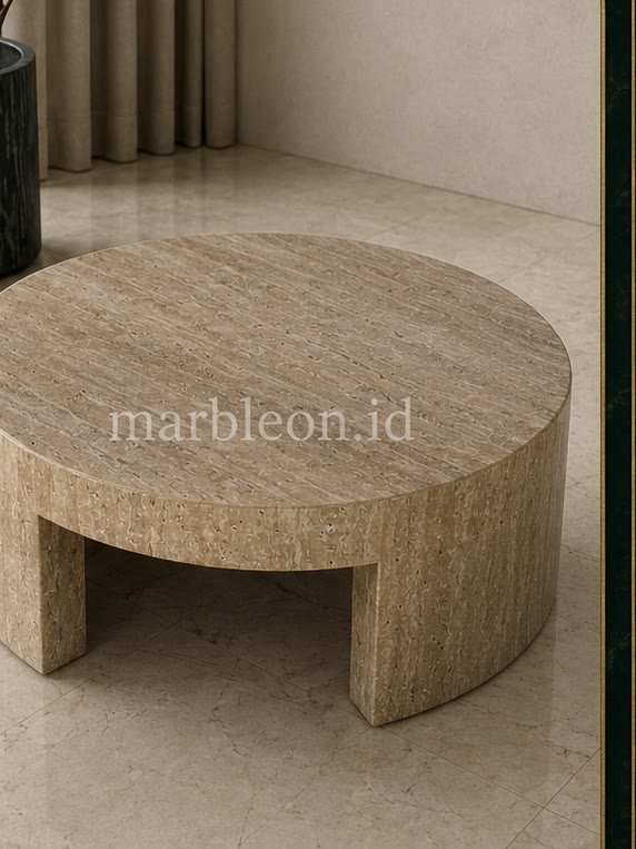 Ilustrasi meja tamu travertine bulat di ruang terang