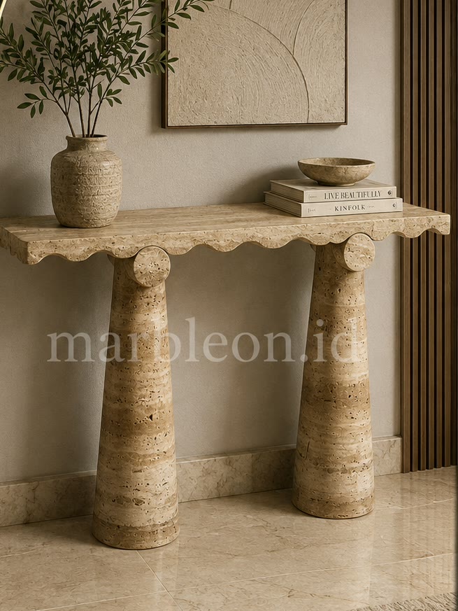 Ilustrasi meja console travertine bertepi berombak