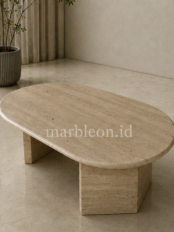 Ilustrasi meja tamu oval travertine dengan dua kaki lempeng